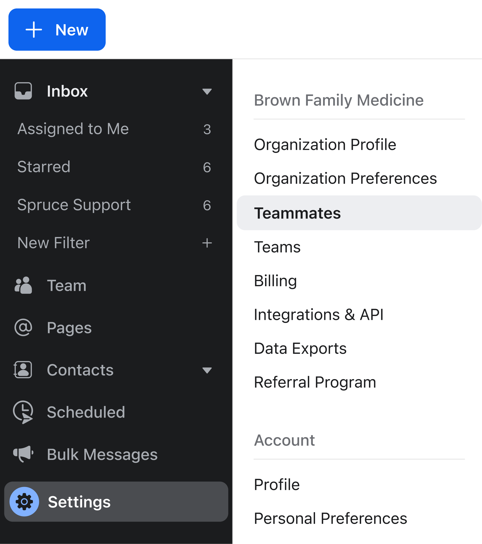 Spruce inbox on the web with Settings then Teammates highlighted