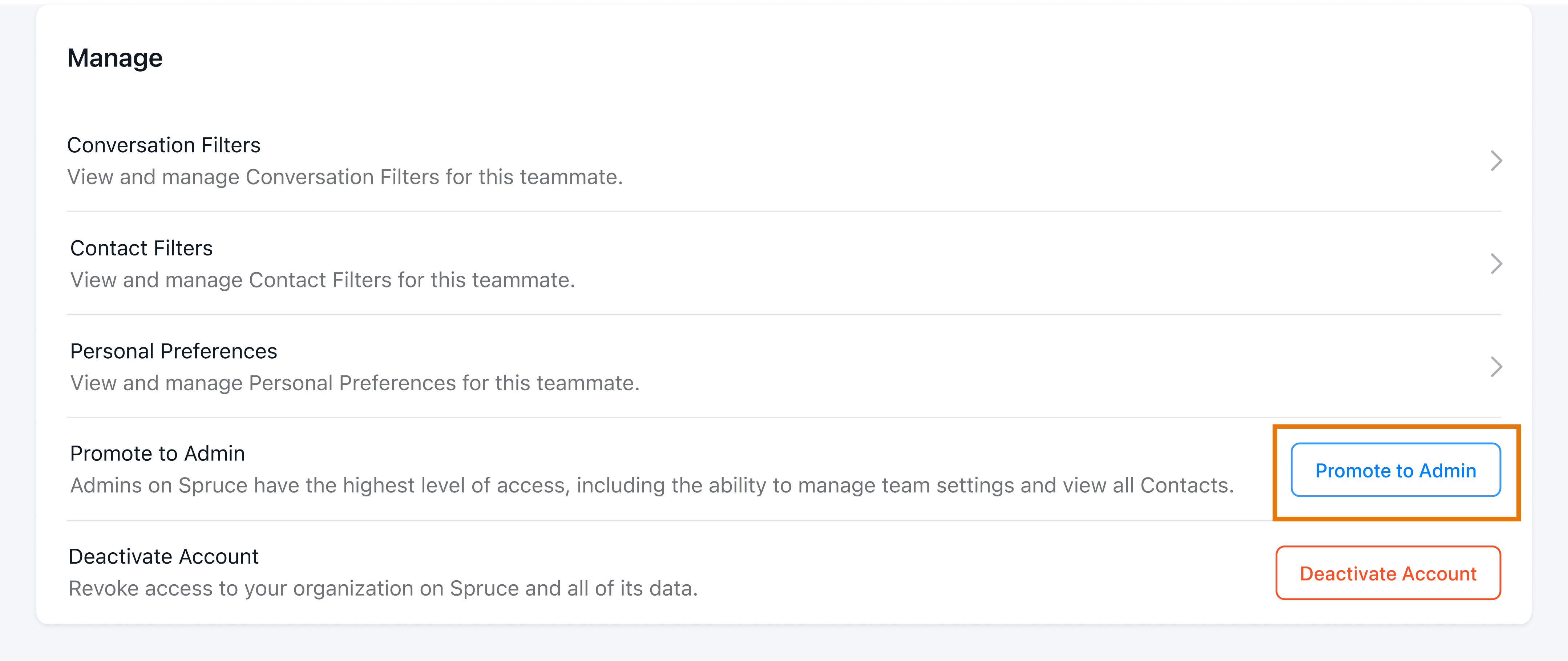 Zoomed in view of a teammate's Settings page on the web version of Spruce as an admin with the Promote to Administrator button outlined.