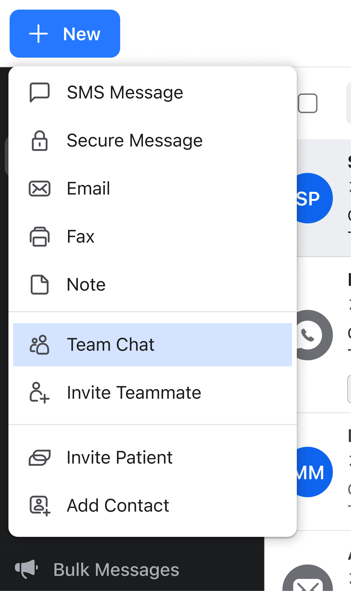 Team Chat highlighted in the dropdown menu from the New button on the web version of Spruce.