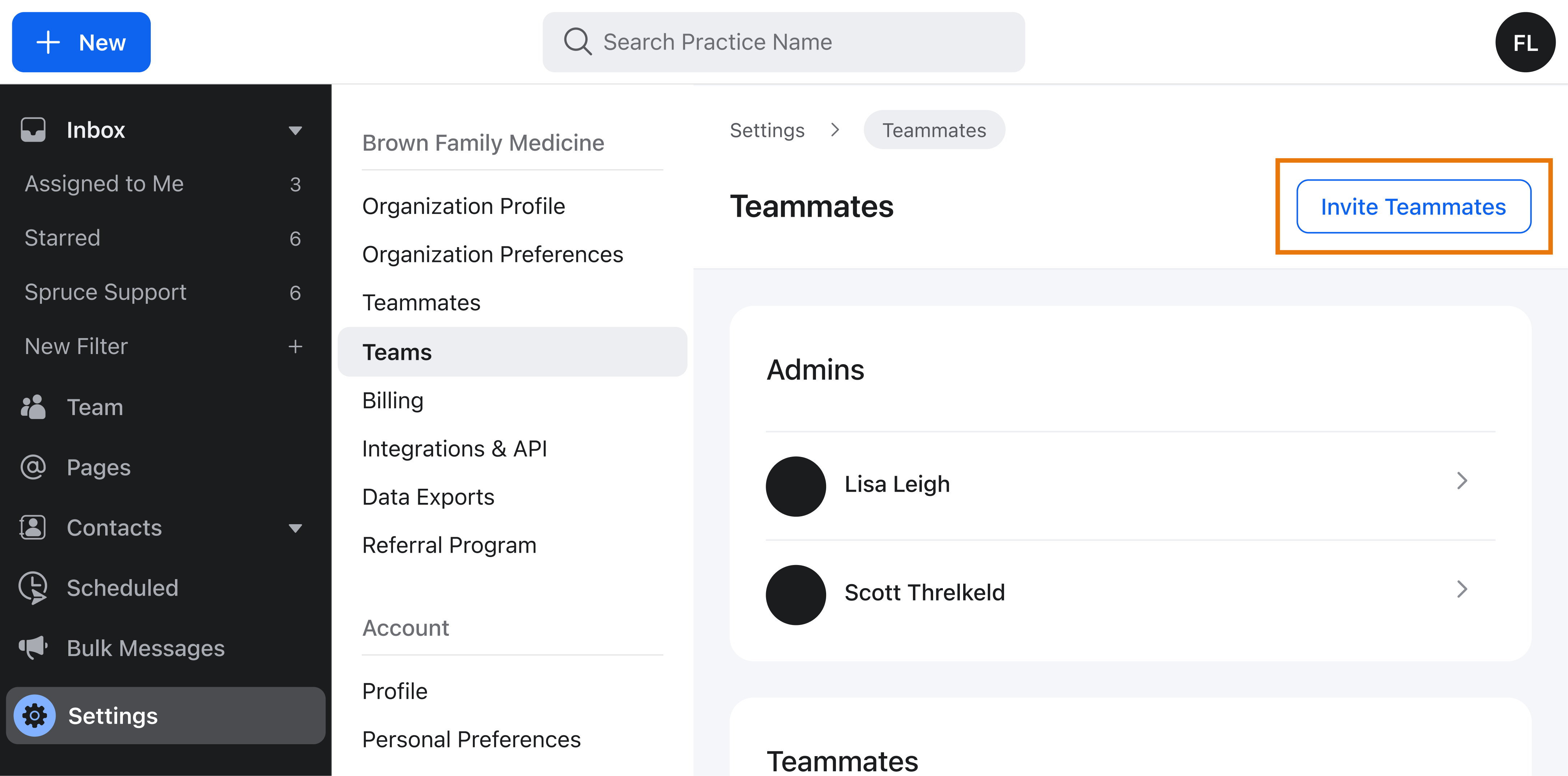 Spruce Teammates Settings page on the web with the Invite Teammates button outlined.