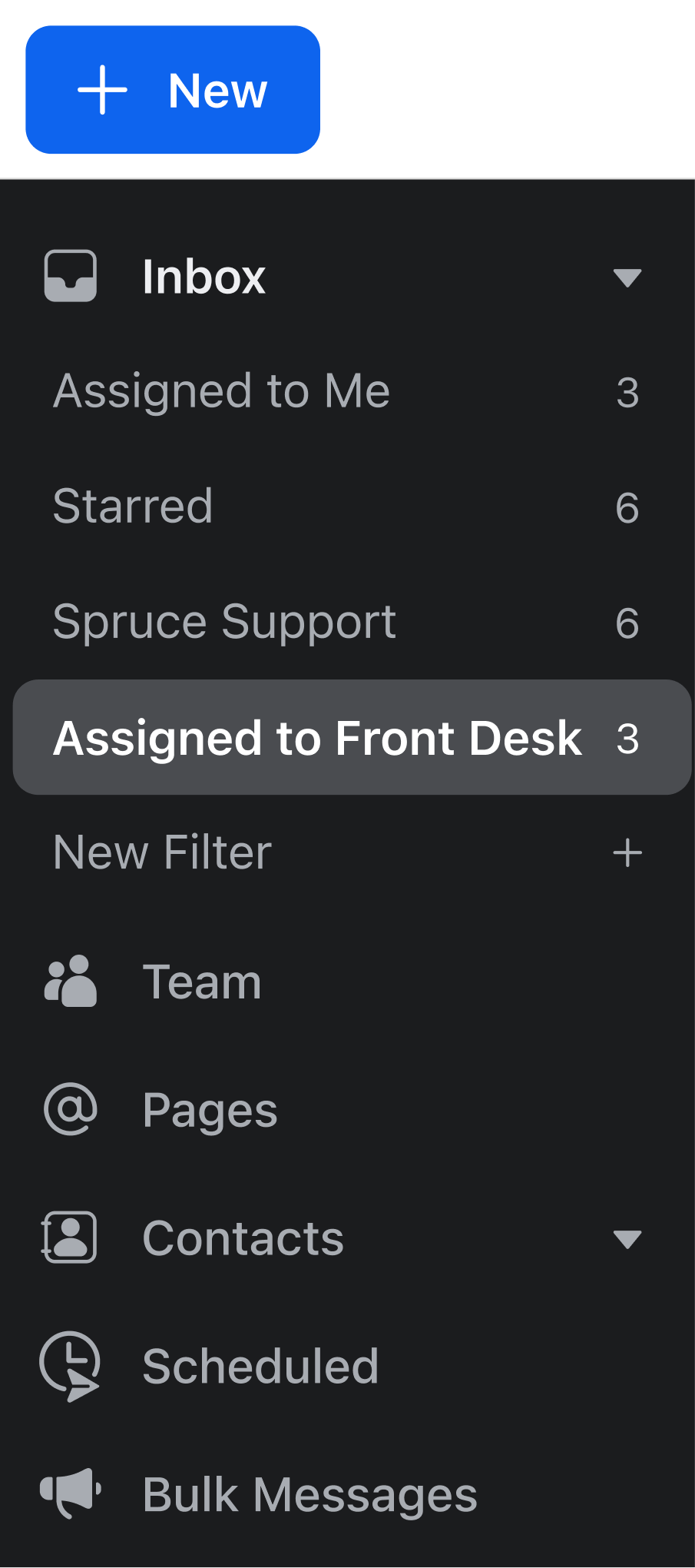 View of the Spruce inbox on web with the Assigned to Front Desk conversation filter highlighted.