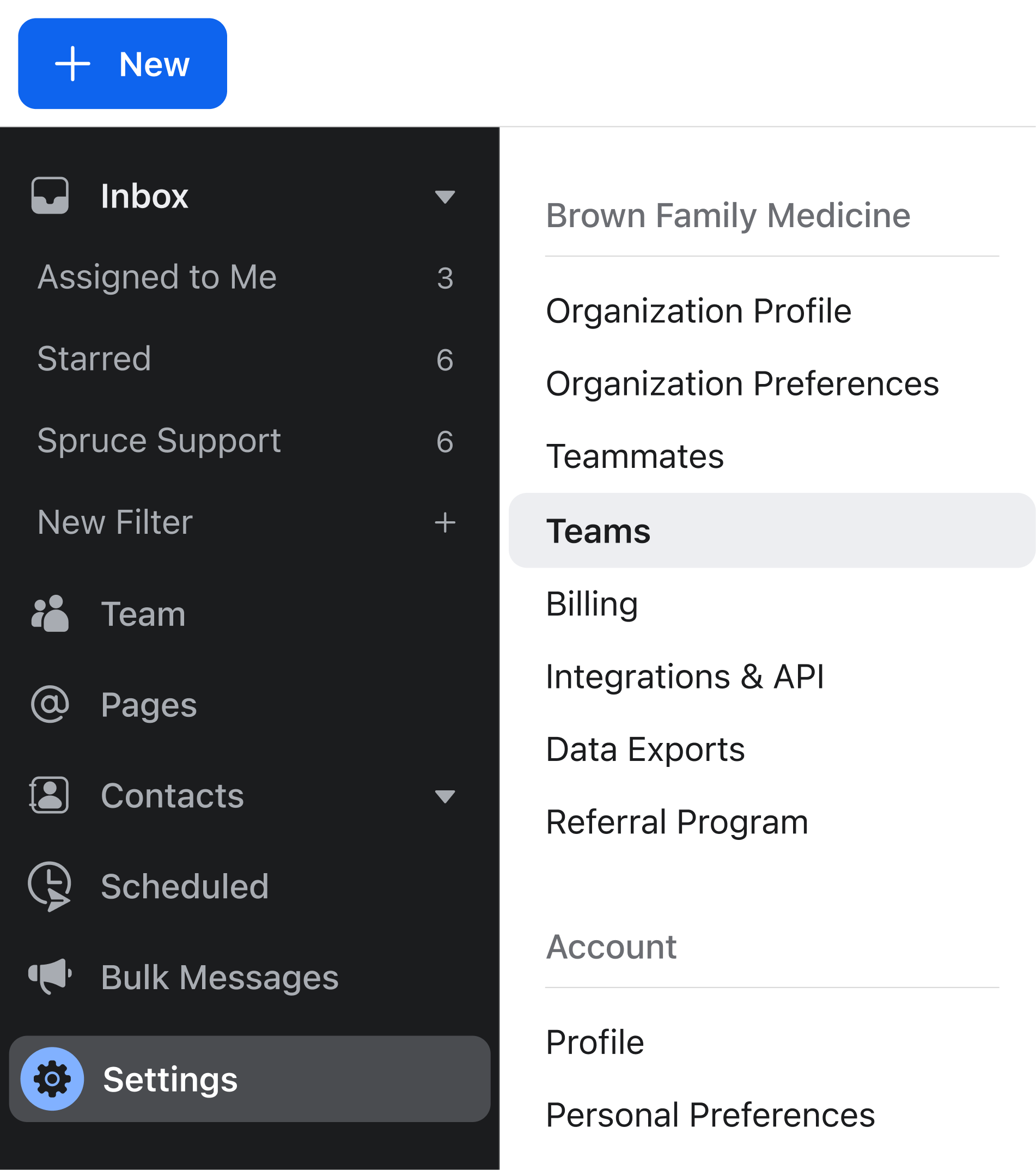 Spruce inbox on the web with Settings then Teams highlighted