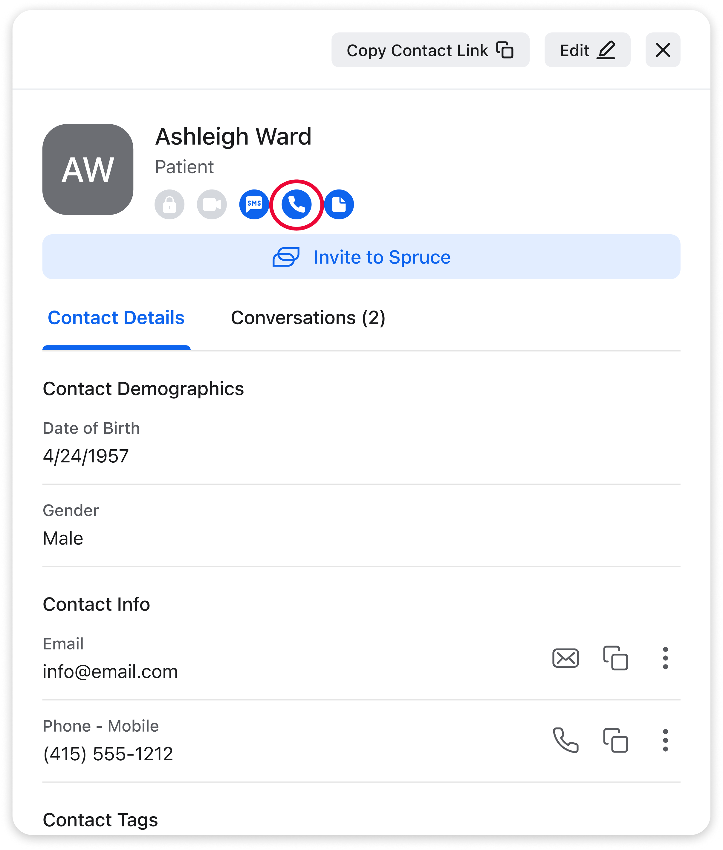 Spruce contact dialog with the phone icon circled in red.