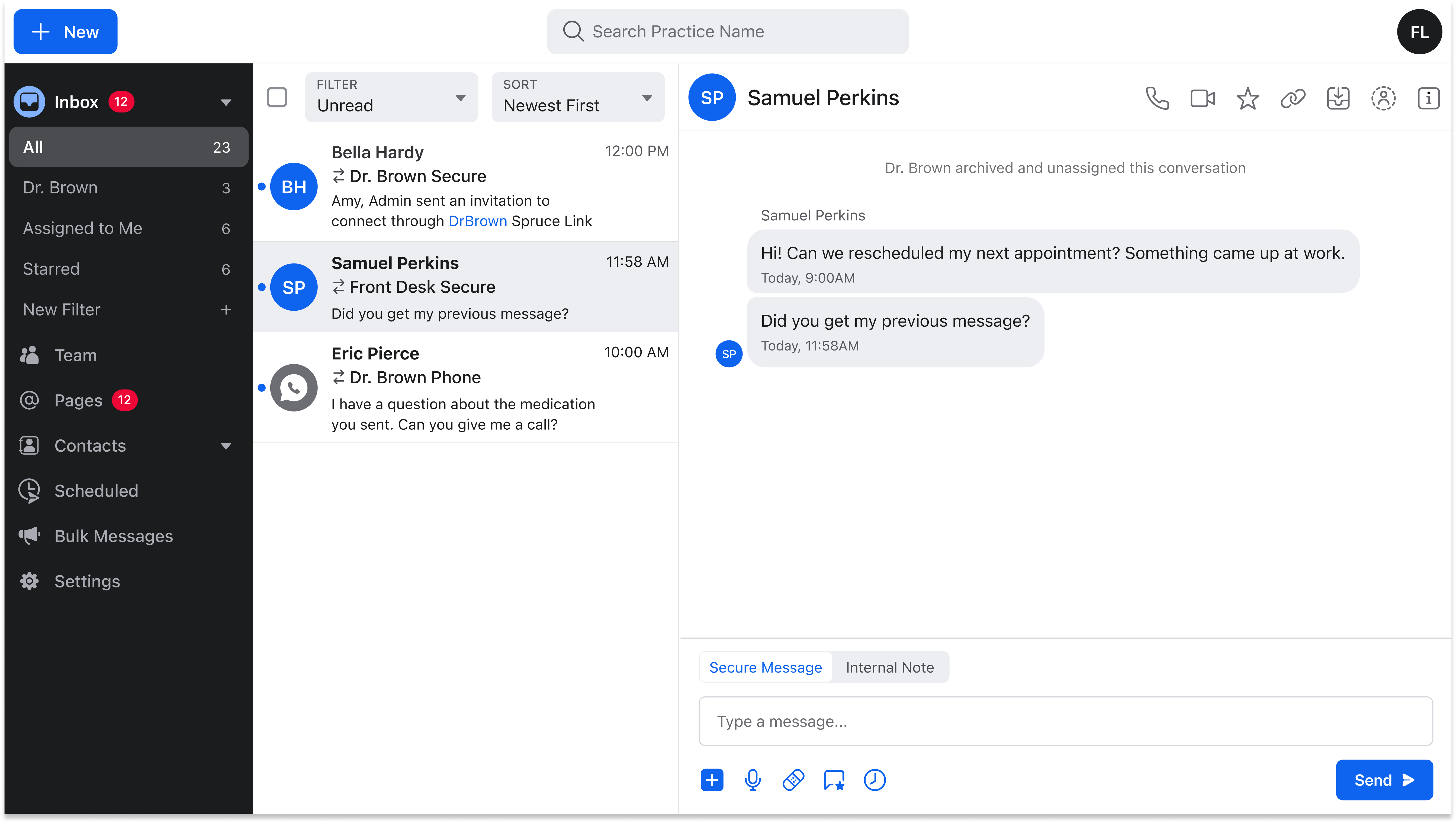 Spruce inbox on web with Newest First sort option selected.