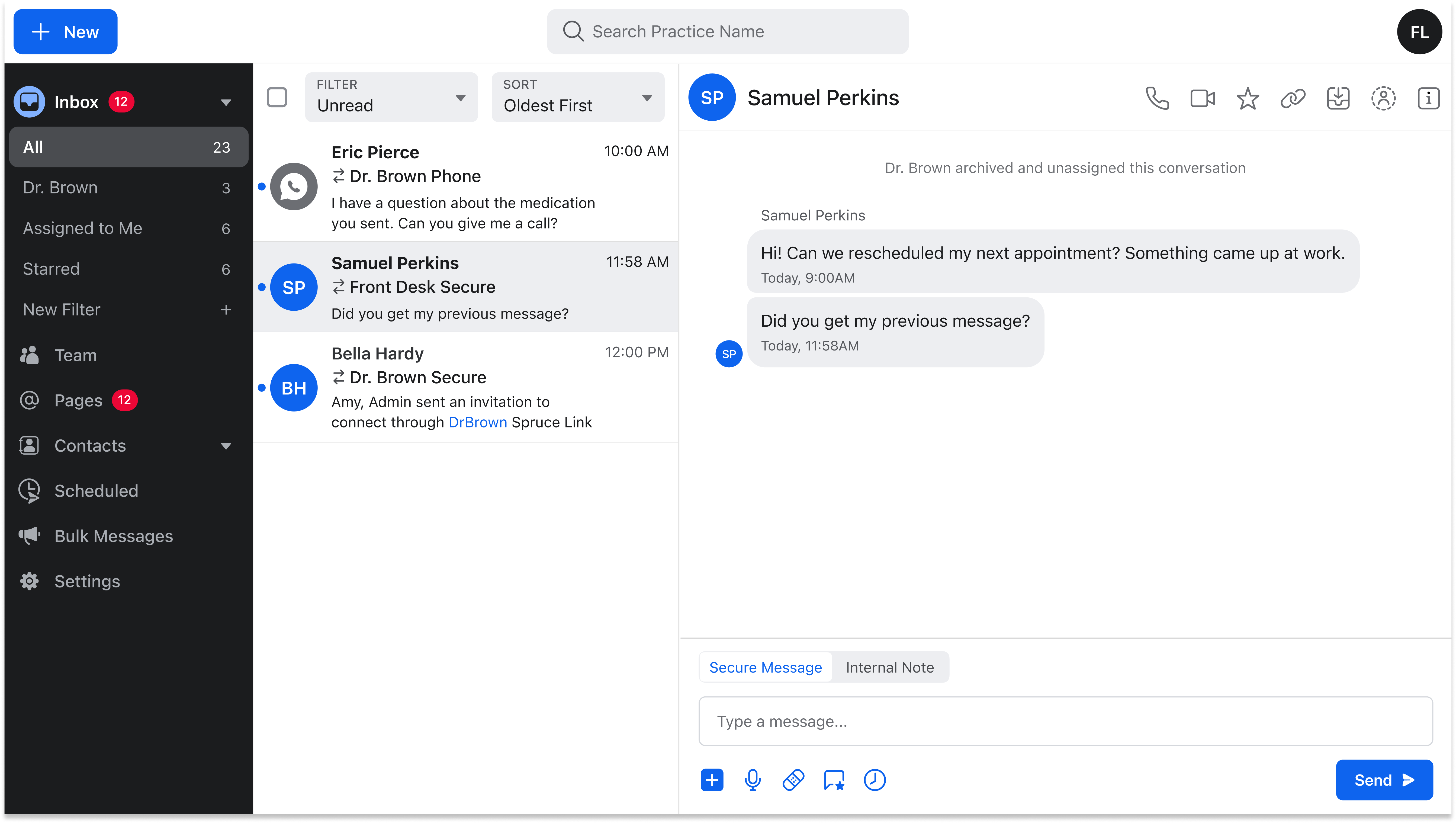 Spruce inbox on web with Oldest First sort option selected.