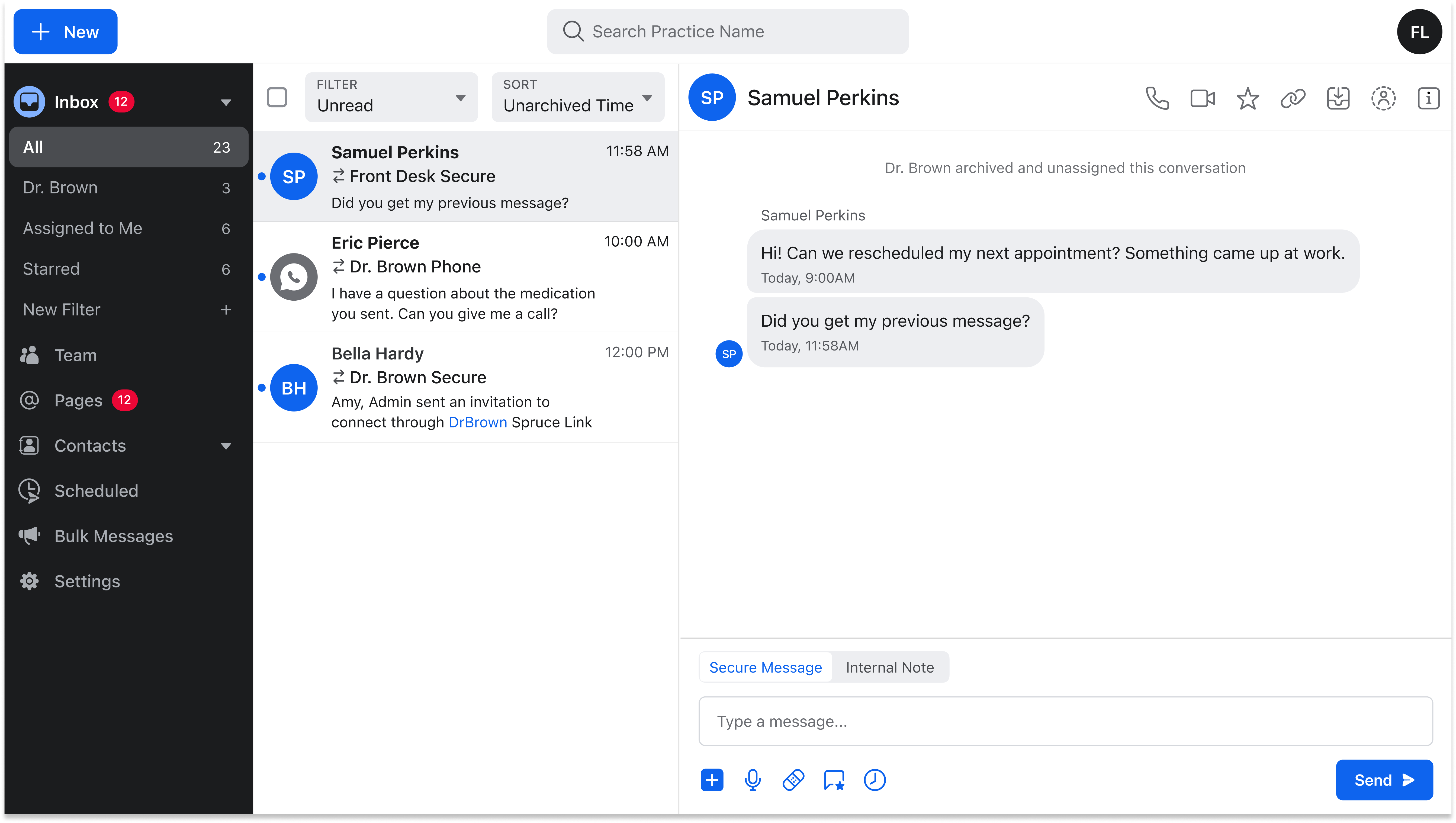 Spruce inbox on web with Unarchived Time sort option selected.