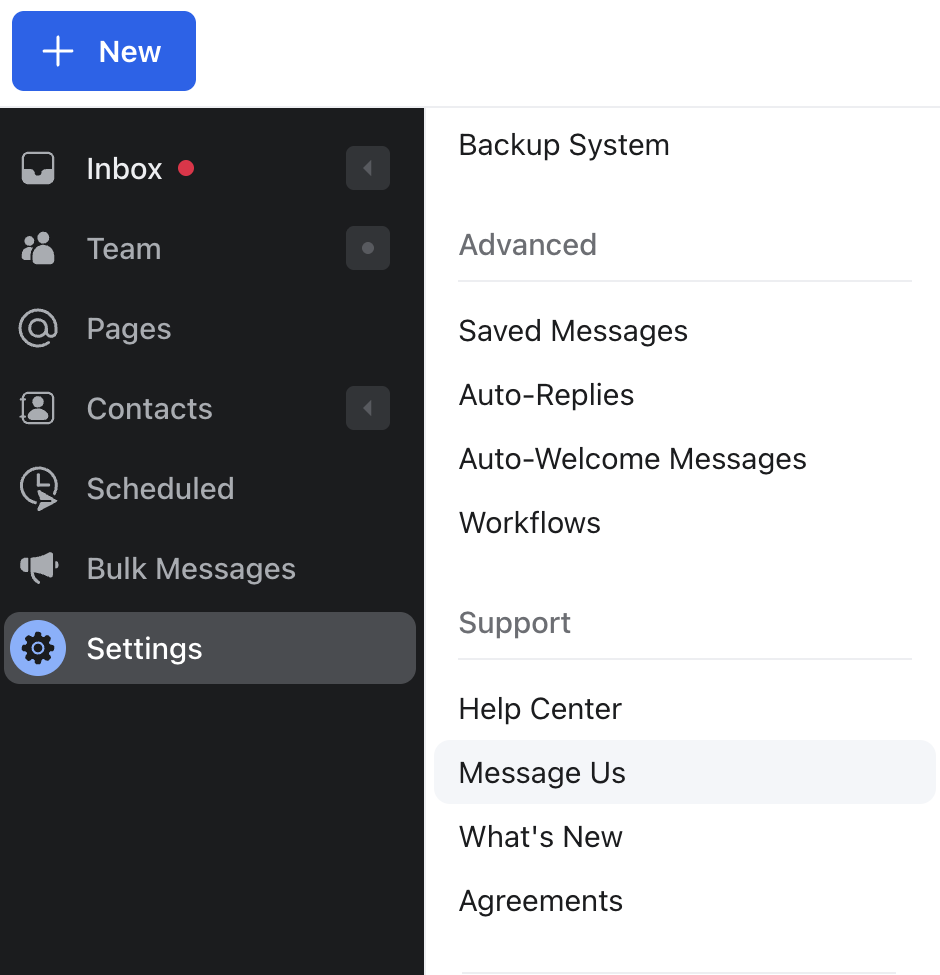 Spruce on the web with Settings and Message Us highlighted.