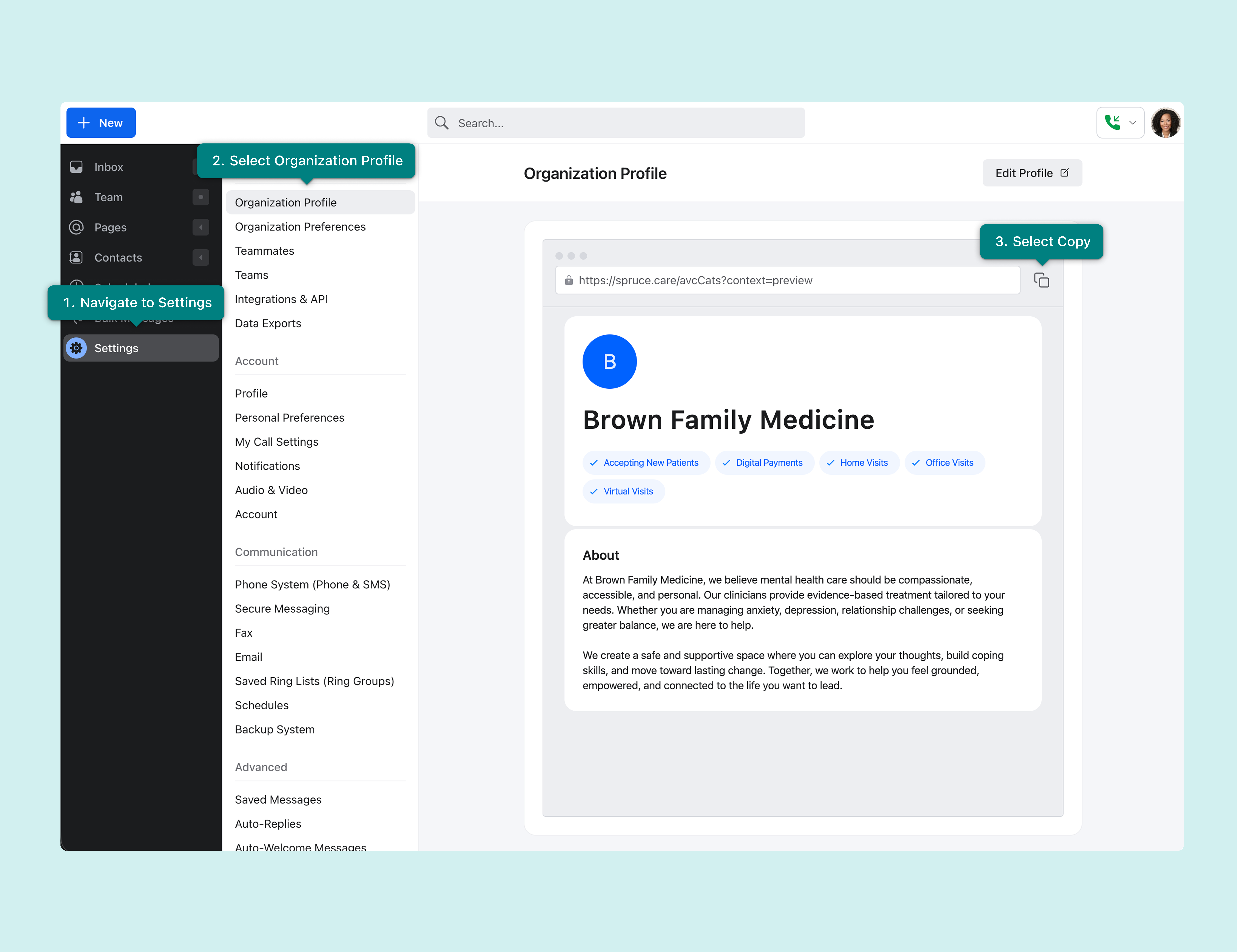 Steps to copy your organization profile link on Spruce web