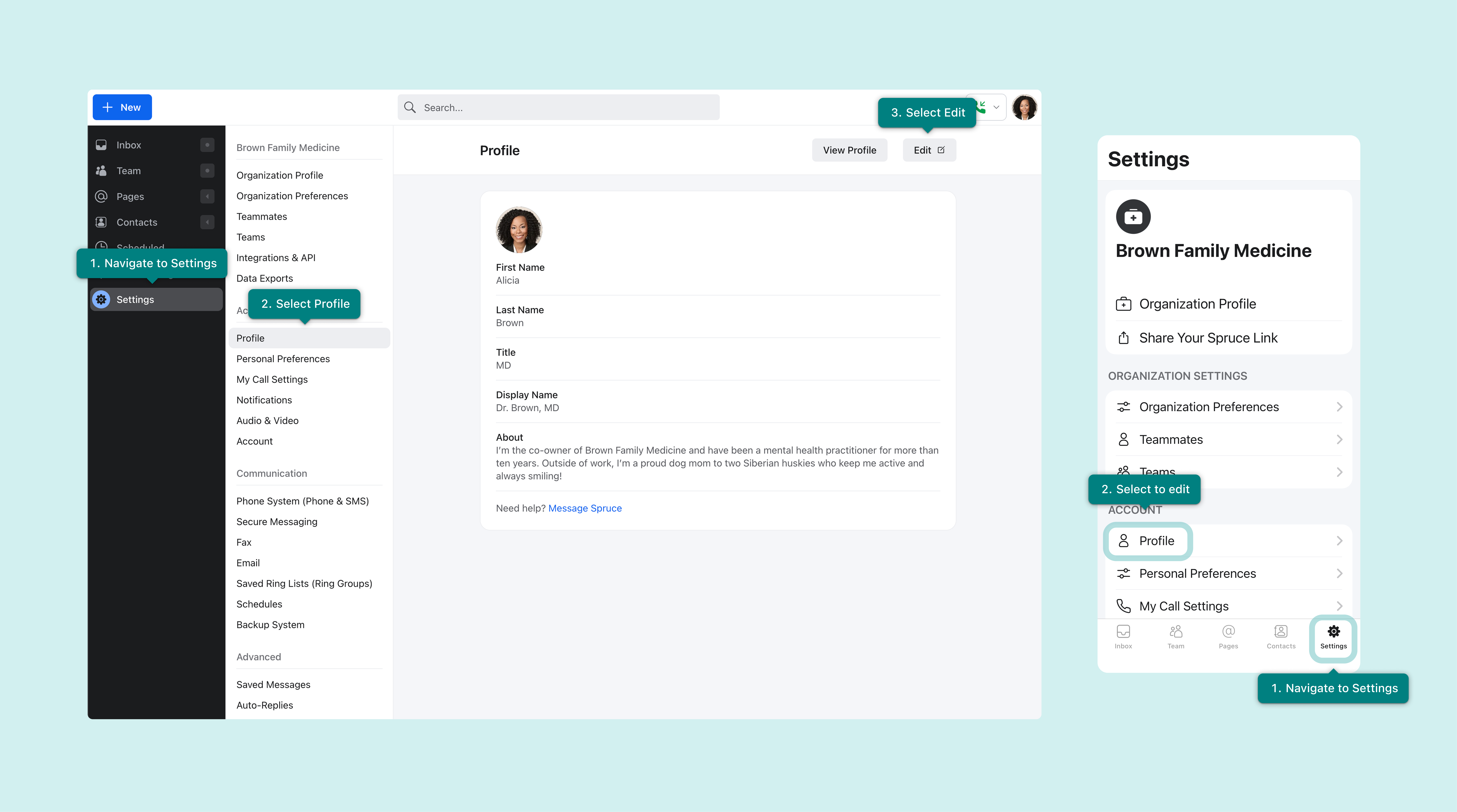 Steps to edit your personal profile on Spruce web and mobile