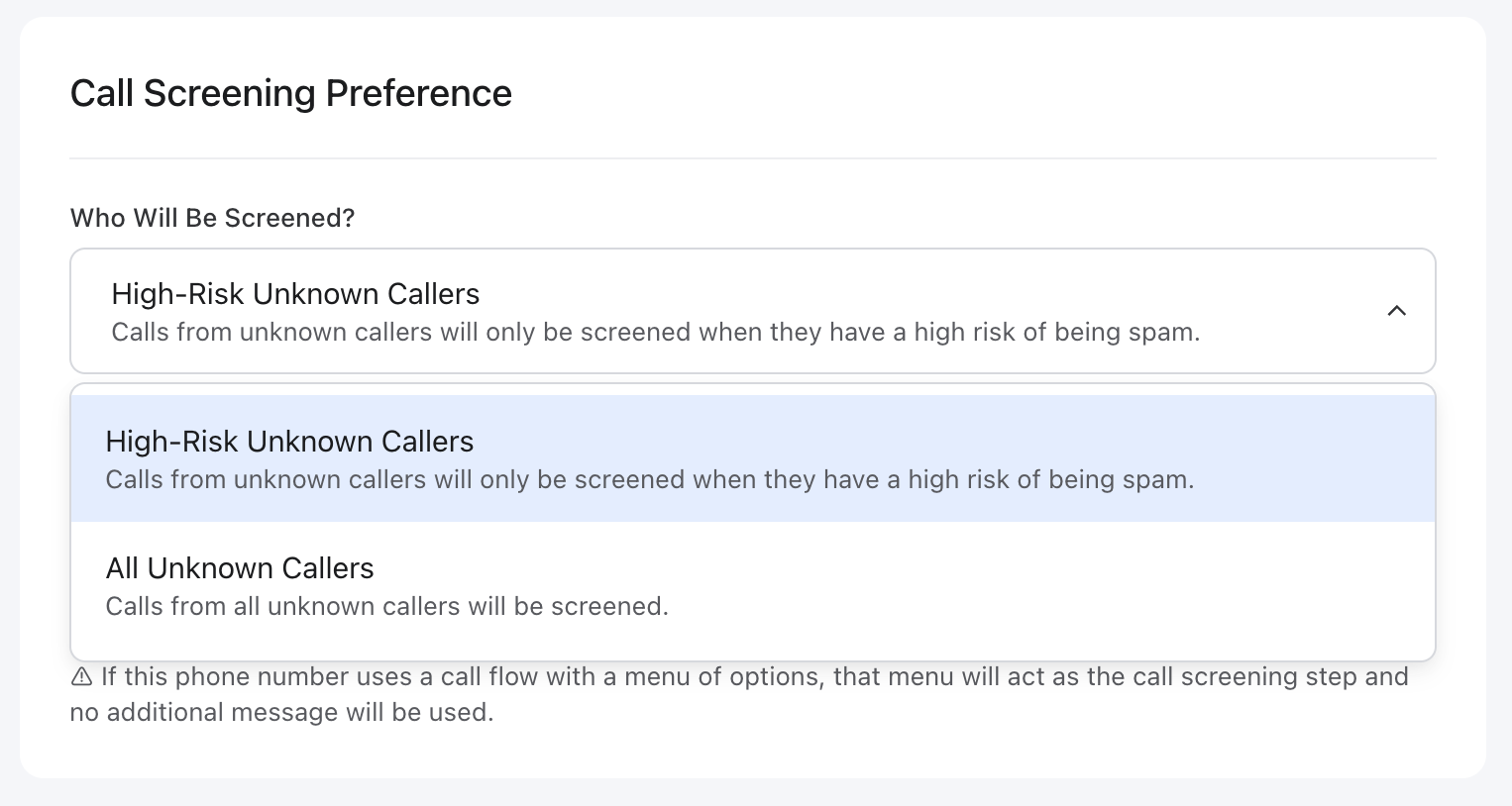 Call Screening Preference for unknown caller handling with dropdown expanded, showing both the high-risk and all screening preferences.