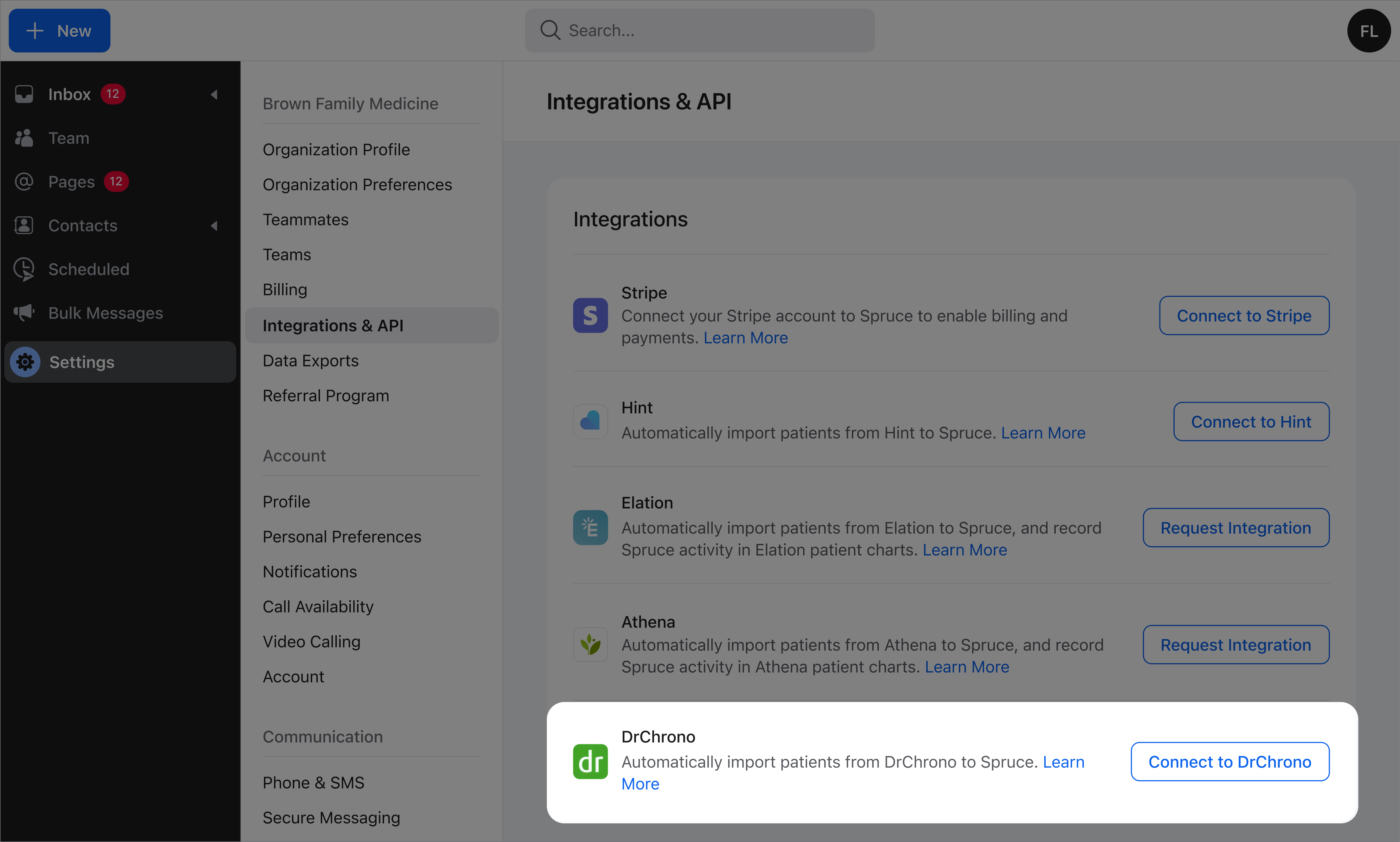 Spruce Integration & API page under Settings with the DrChrono integration highlighted