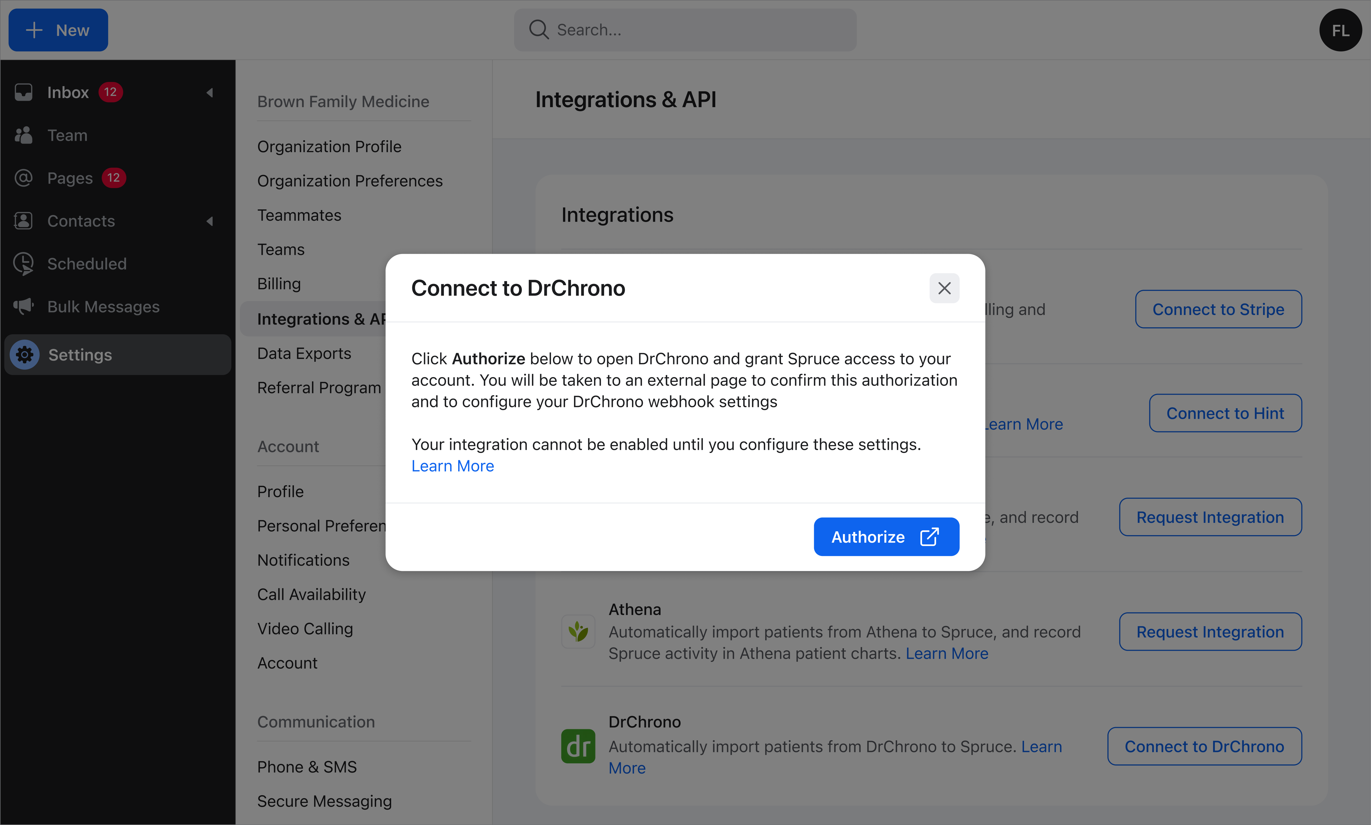 Spruce Connect to DrChrono dialog with Authorize button