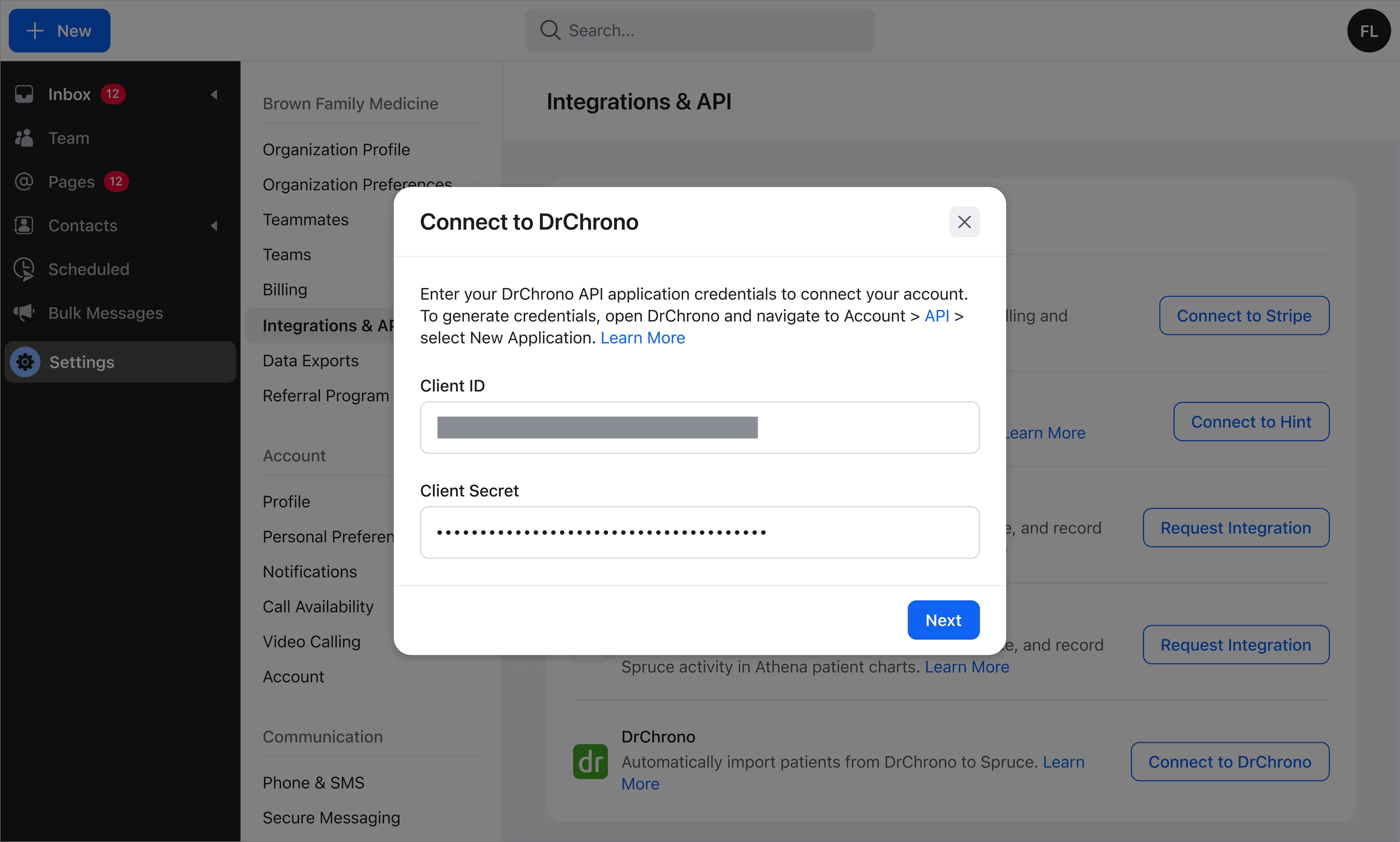 Spruce Connect to DrChrono dialog with Client ID and Client Secret entered