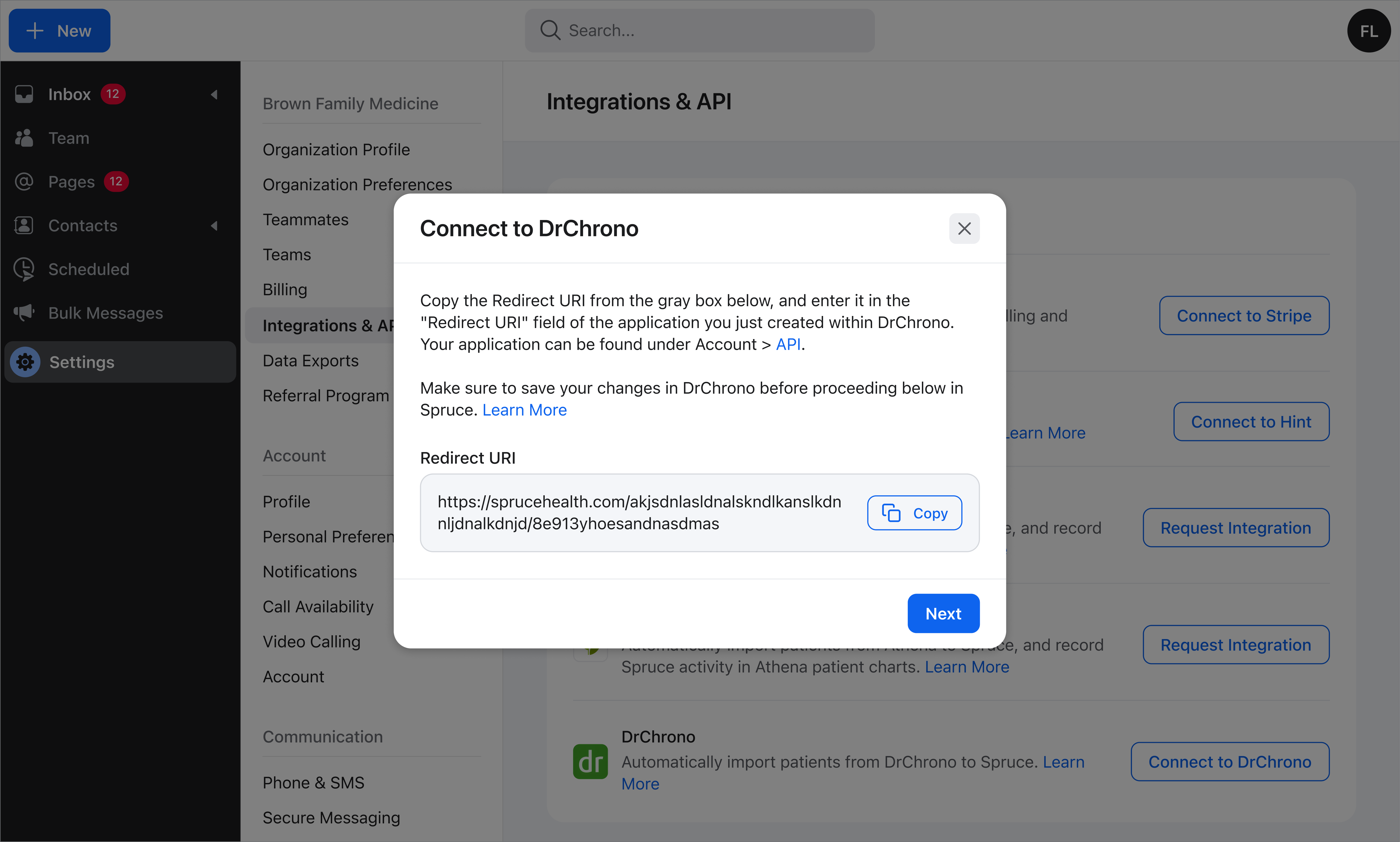 Spruce Connect to DrChrono dialog with Redirect URI