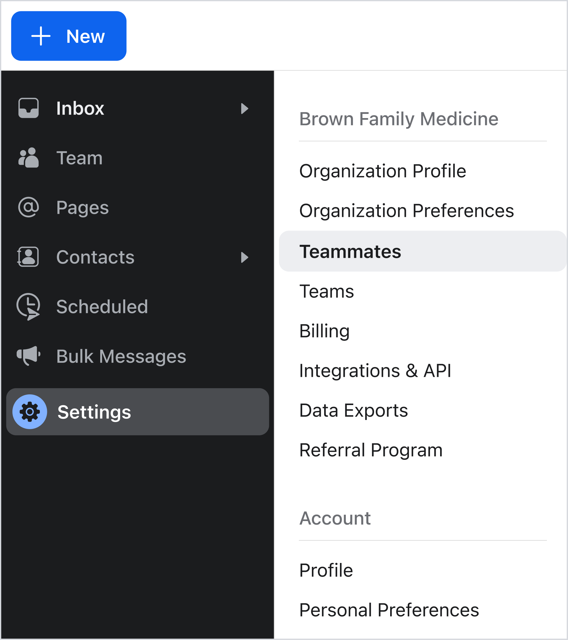 Spruce inbox on the web with Settings then Teammates highlighted