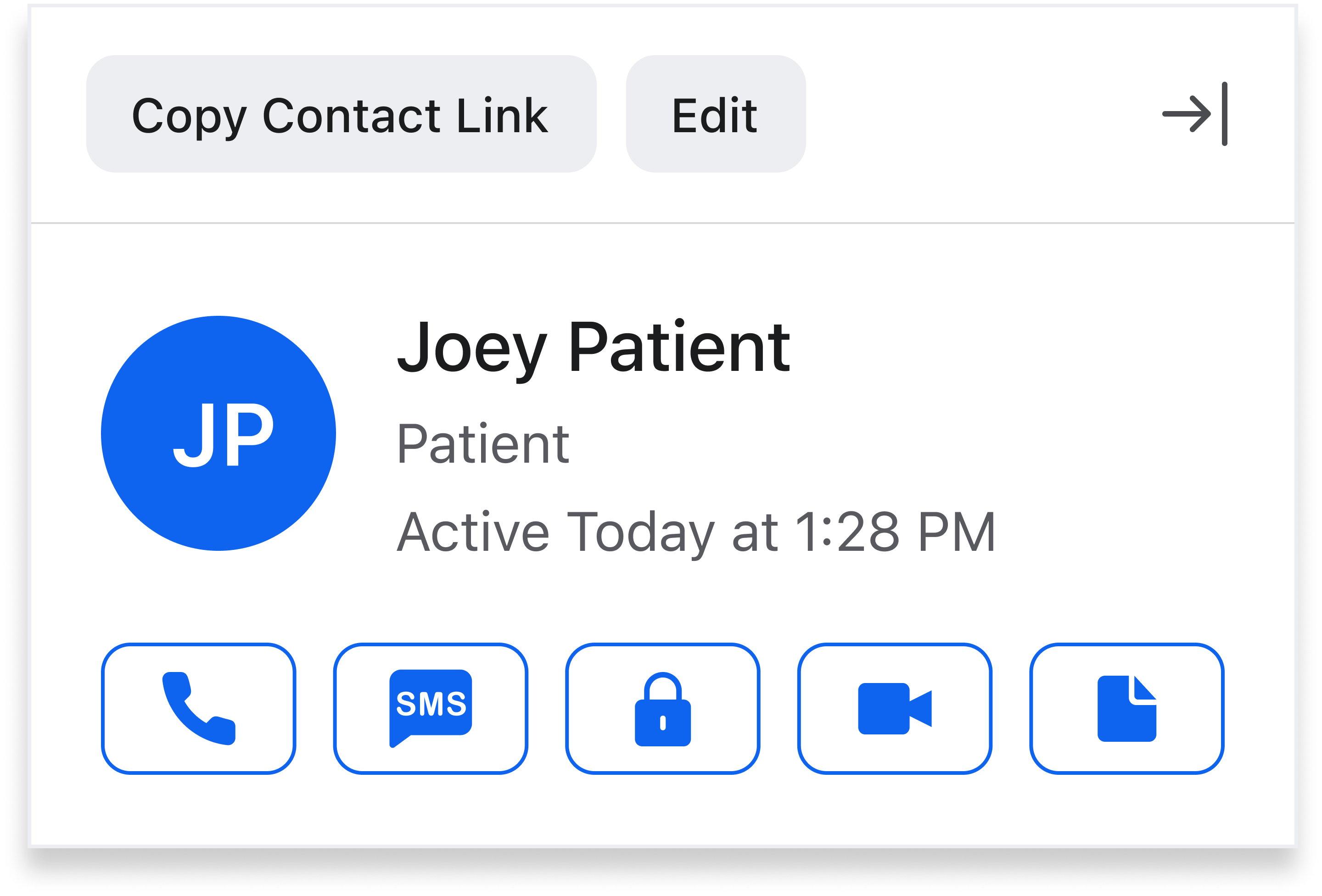 Top of Contact Details on Web Includes quick action icons below patient name